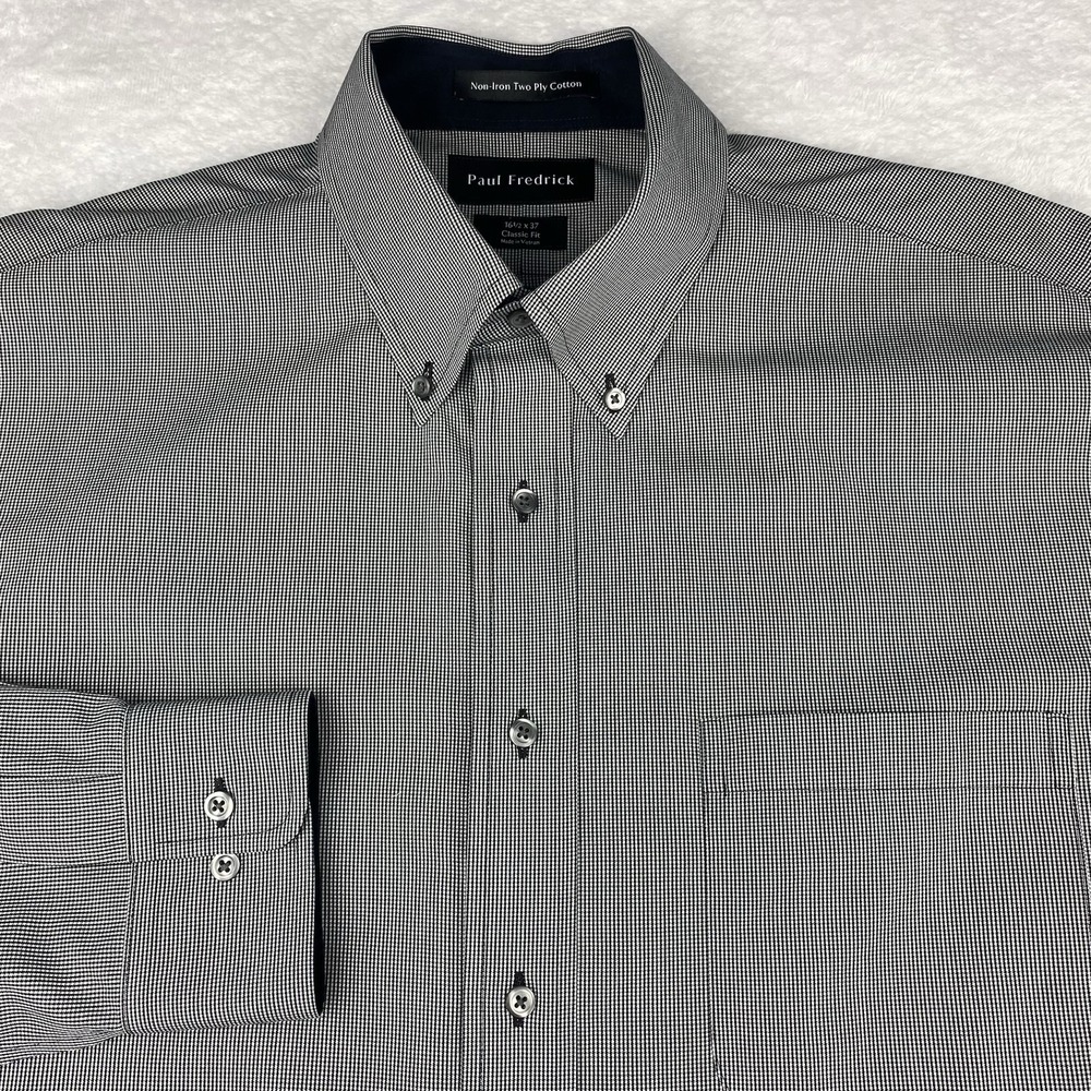 Paul Fredrick Dress Shirt Mens 16.5-37 Black/White Micro-Checks Classic Fit